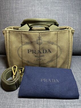 Prada Canapa Green Canvas Mini Messenger Bag with Navy Dust Bag - authenticity